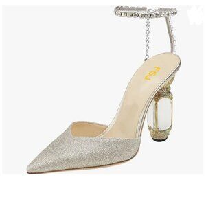 FSJ Champagne Gold Glitter Pointy Toe Crystal Chain Ankle Strap Sandals